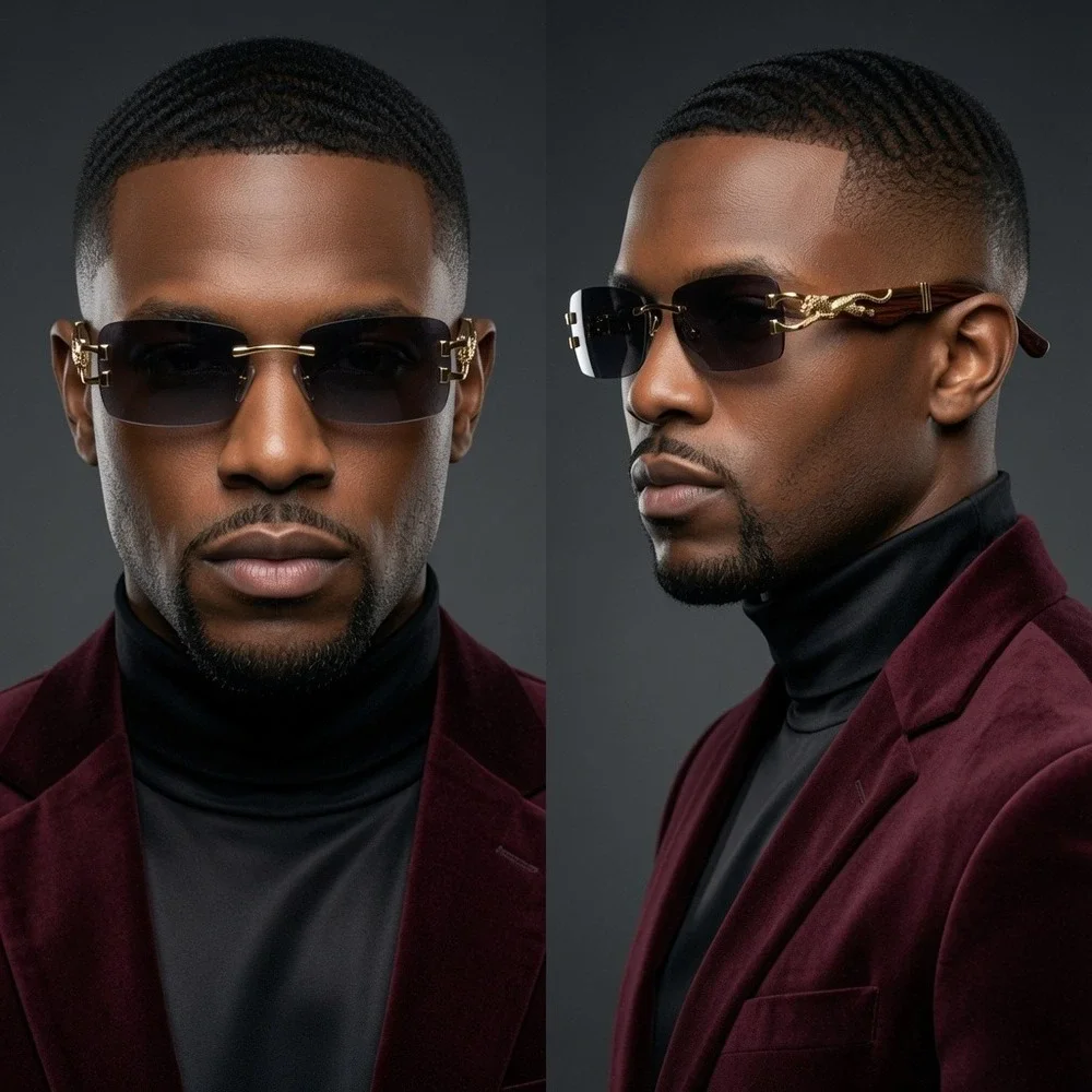 Mens Rimless Rectangle Sunglasses Fashion Hip Hop Style Black Gradient Lens 2026